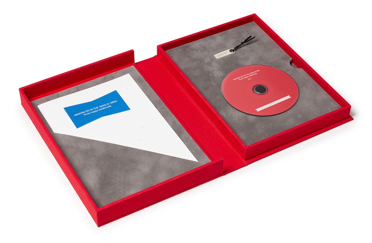 Inside the presentation boxes for our Spoken Portraits: suede-lined interiors accommodating a CD, USB stick and paper insert